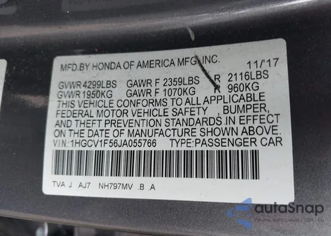 2018 Honda Accord Ex-L from USA, damaged, VIN 1HGCV1F56JA055766